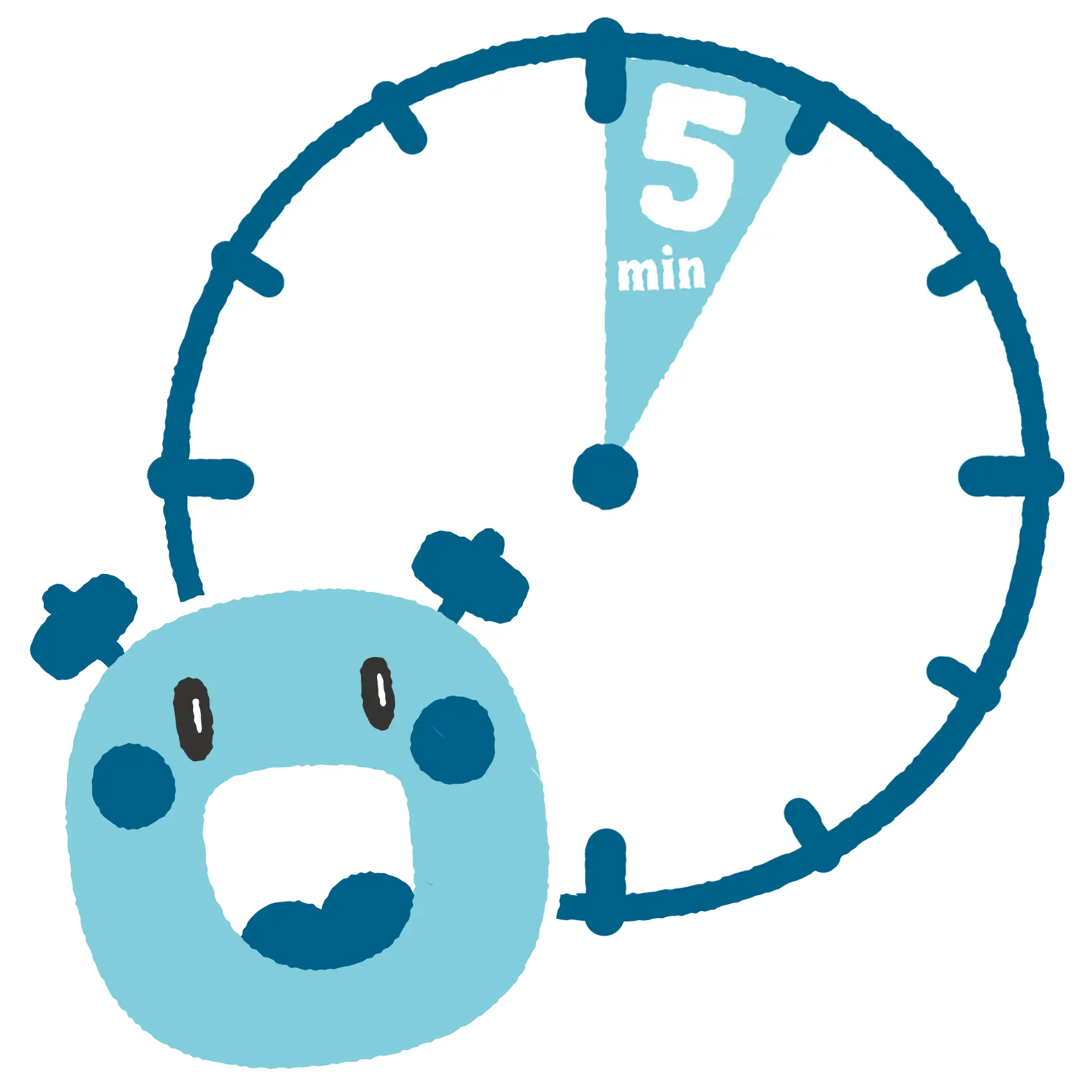 5分経過した時計と笑顔のおおづっちのイラスト