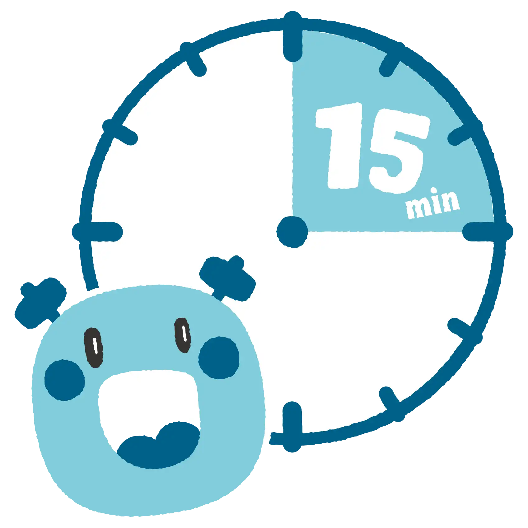 15分経過した時計と笑顔のおおづっちのイラスト